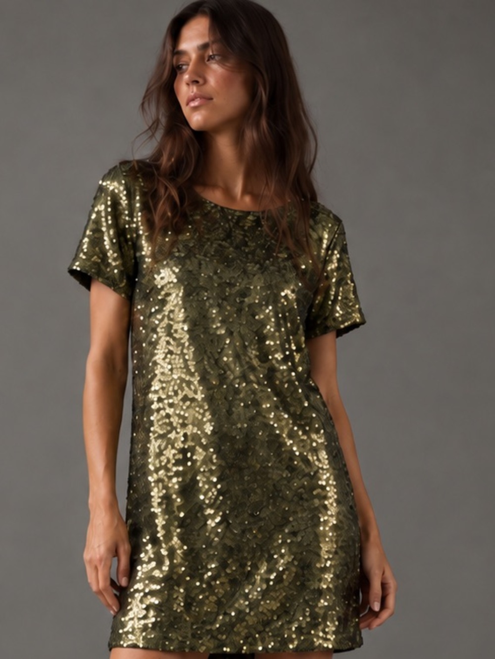 Anne Klein Olive Gold Sequin Mini Dress